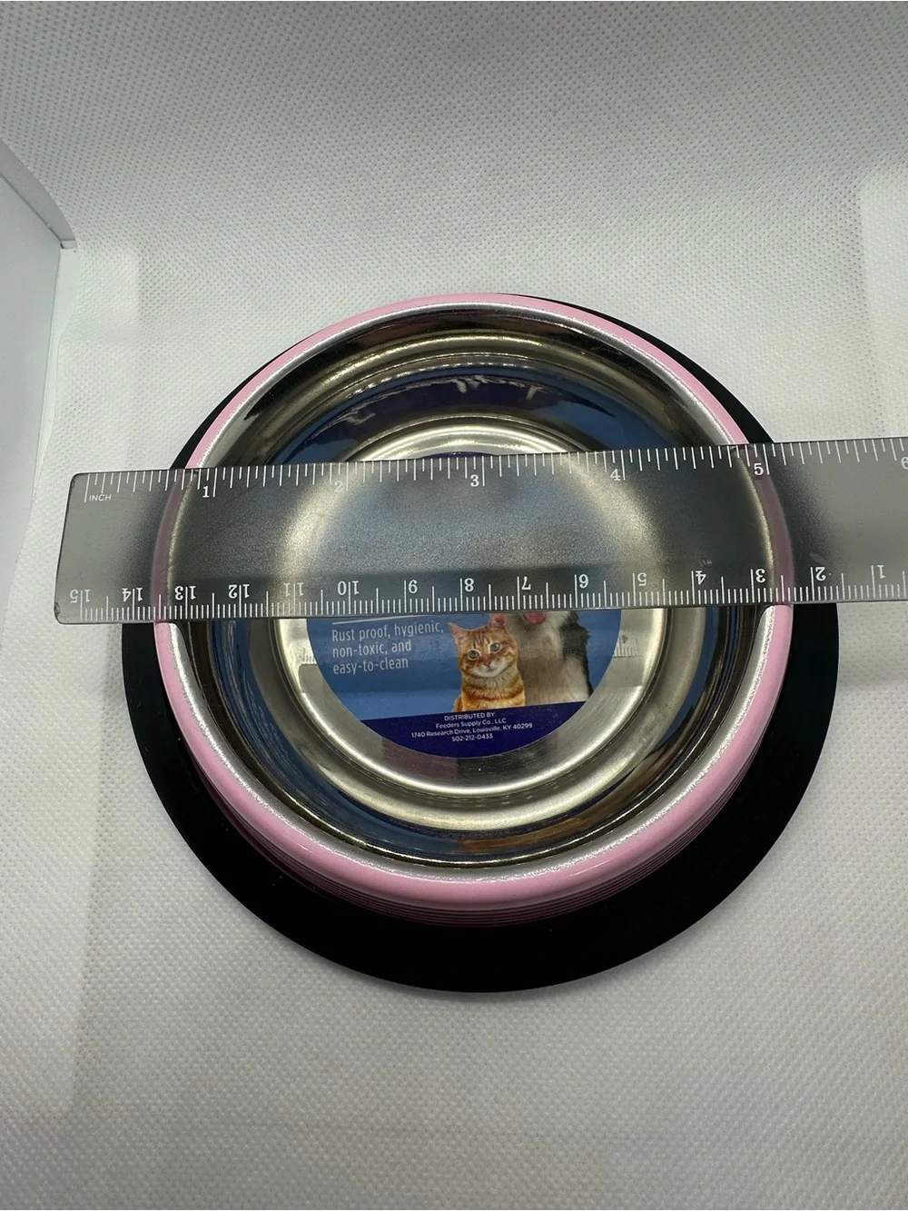 Stainless Steel Cat Bowl with Pink Exterior and Non-Slip Base